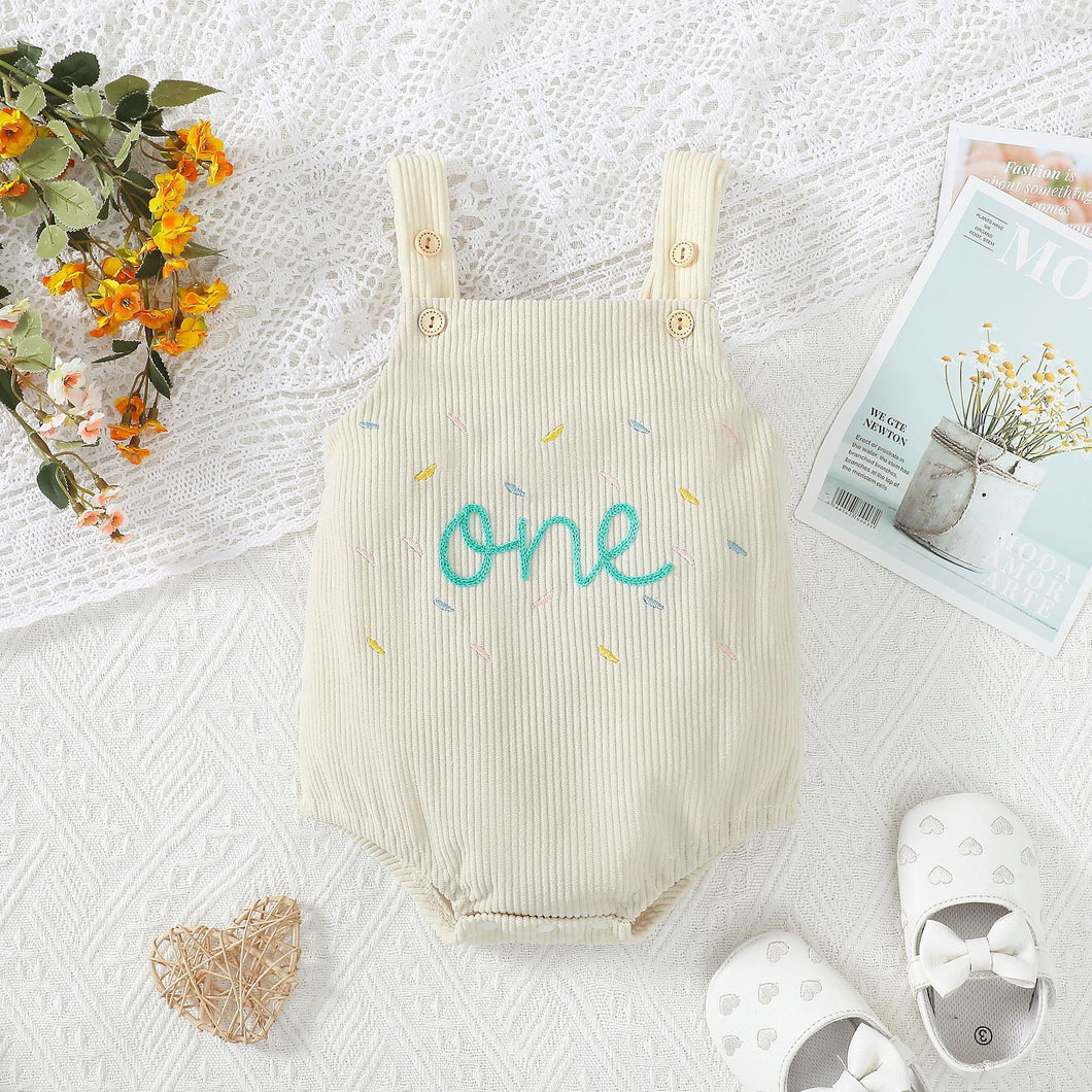 Cute One-year-old Towel Embroidery-strap Corduroy Romper